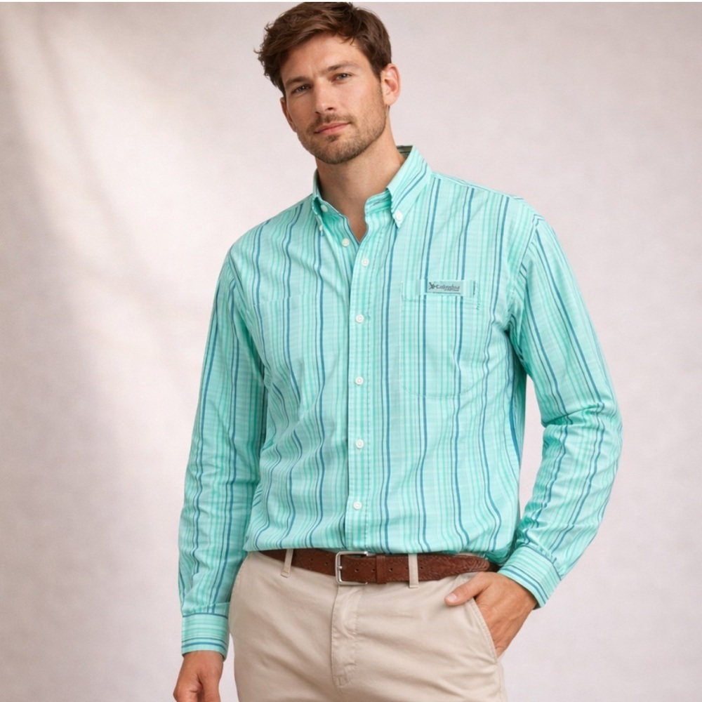 Columbia PFG Omni-Wick Men’s Fishing Shirt Medium Mint Blue Striped Long Sleeve